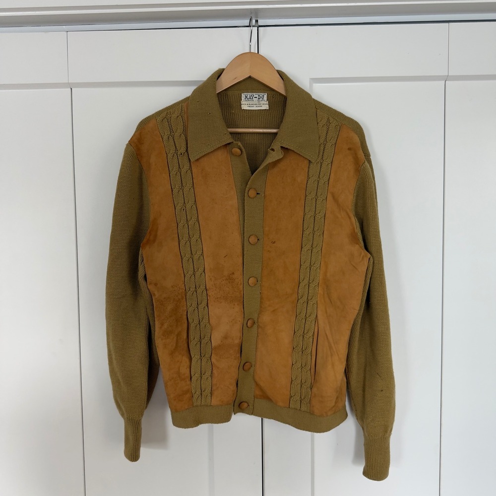 Womens May D&F Cardigan Sweater Size M Tan 60s Vintage Suede Front Wool Italy